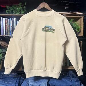 Vintage 80s 90s Bass Fish Crewneck Tan Brown Nature Animal Print Sweatshirt